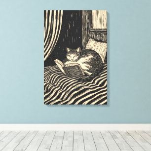 kat lezend in bed canvas afdruk