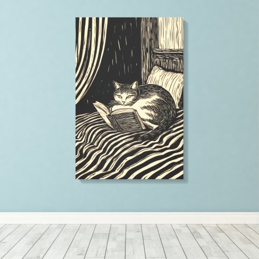 kat lezend in bed canvas afdruk (Insitu (Houten vloer))