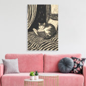kat lezend in bed canvas afdruk (Insitu (Woonkamer))