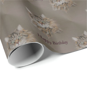 kat, longmantel Happy Birthday Cadeaupapier