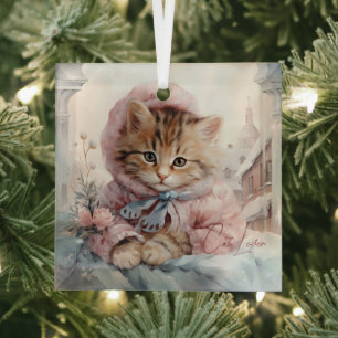 Kat Lover Tabby Kat Gekleed In Roze En Blauw Glas Ornament