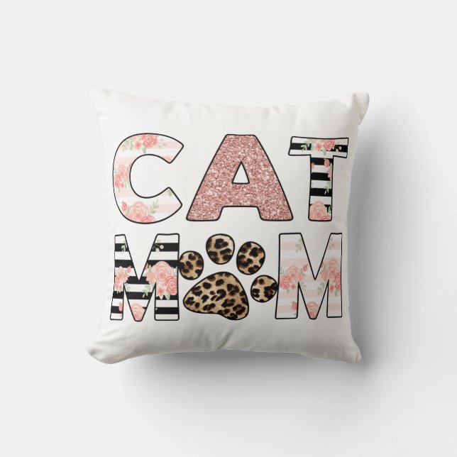 Kat mam Roze Floral en luipaard Paw Kussen (Voorkant)
