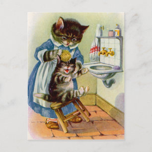 Kat mama wast haar kitten uit de jaren dertig briefkaart
