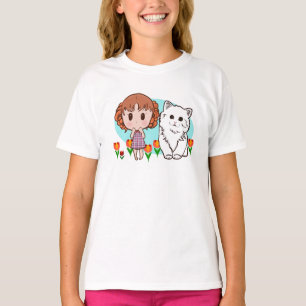 kat, meisje en tulpen t-shirt