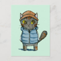 Kat met Beanie en Down Vest Waterverf