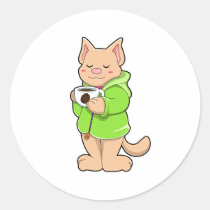 Kat met beker van koffie en pyjama ronde sticker