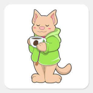 Kat met beker van koffie en pyjama vierkante sticker