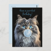 Kat met blauwe ogen blazen een blauwe kauwgom briefkaart (Voorkant / Achterkant)