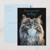Kat met blauwe ogen die een blauwe kauwgomblaas bl briefkaart (Voorkant / Achterkant)