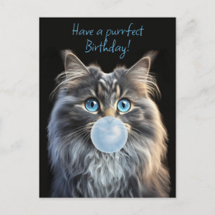 Kat met blauwe ogen die een blauwe kauwgomblaas bl briefkaart