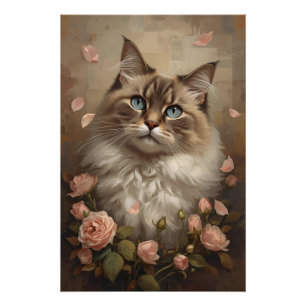 Kat met Blauwe Ogen en Rozen – Elegante Bloemposte Perfect Poster