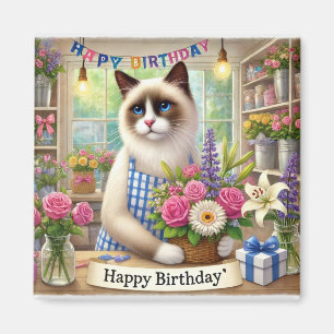 Kat met bloem Happy Birthday teken Magneet