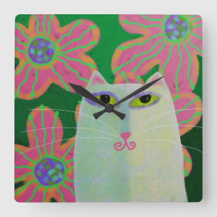 Kat met bloemen Abstracte kunstvierkant wandklok Vierkante Klok