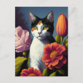 kat met bloemen briefkaart (Voorkant)