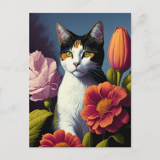 kat met bloemen briefkaart (Voorkant)