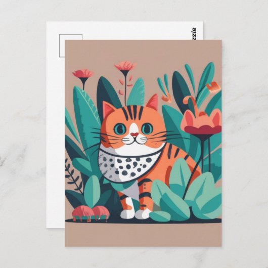 Kat met bloemen briefkaart (Voorkant / Achterkant)
