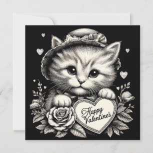 Kat met Bloemen en Hart Valentijn Illustratie Kaart