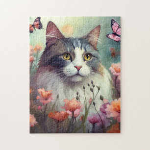 Kat met bloemen en vlinders Kat 701 Legpuzzel