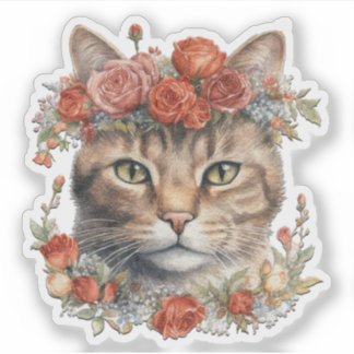 Kat met bloemen op haar hoofd valentijnssticker sticker