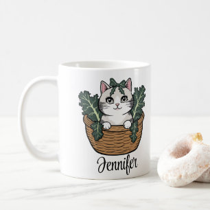 Kat met boerenkool in mand gepersonaliseerde naam koffiemok