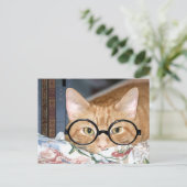 Kat met bril en boeken briefkaart (Staand voorkant)