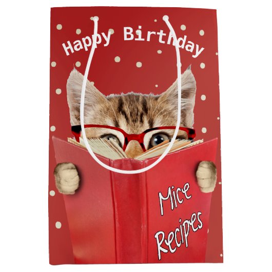 Kat met bril en rood boek medium cadeauzakje (Voorkant)