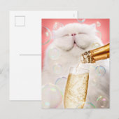 Kat met champagne uitnodiging briefkaart (Voorkant / Achterkant)