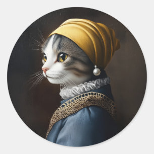 Kat met de parel oorbel ronde sticker