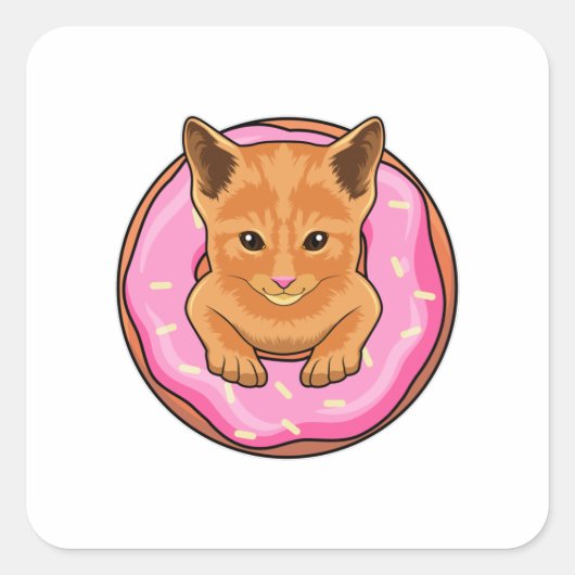 Kat met Donut Vierkante Sticker (Voorkant)