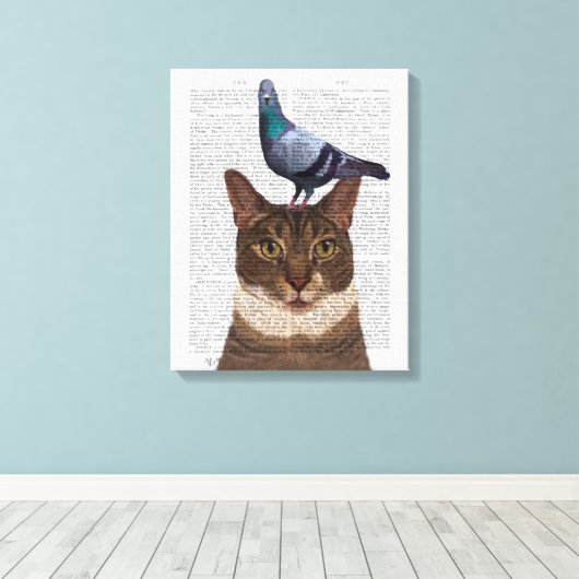 Kat met duif op kop canvas afdruk (Insitu (Houten vloer))