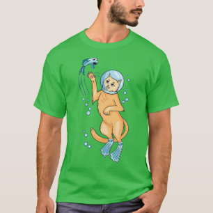 Kat met duik en een aquarium op het hoofd t-shirt