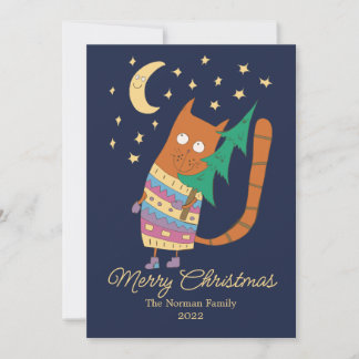 Kat met een kerstboom. bedankkaart