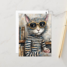 Kat met een koffie briefkaart