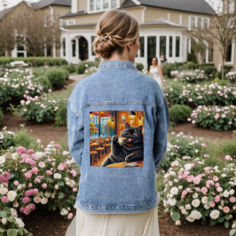 Kat met een koffiekopje in Café Denim Jacket