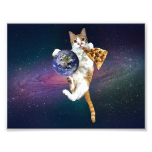 Kat met een planeet en pizza eten foto afdruk