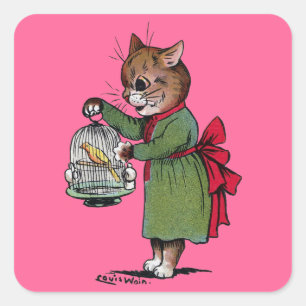 Kat met een vogelkooi, Louis Wain Vierkante Sticker