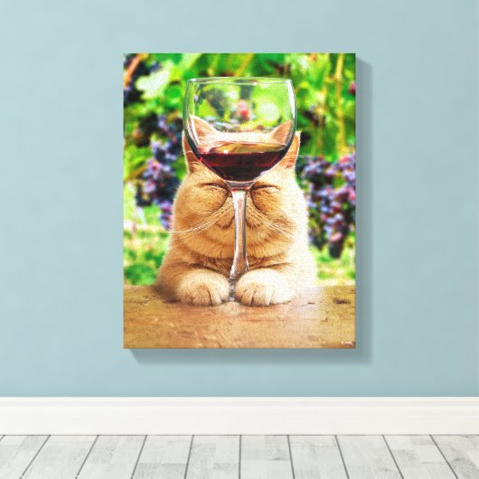Kat met glas wijn canvas afdruk (Insitu (Houten vloer))