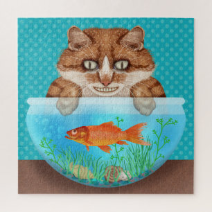 Kat met Goldfish Bowl Funny Hungry Grinning Kat Legpuzzel