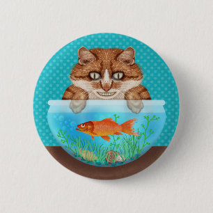 Kat met Goldfish Bowl Funny Hungry Grinning Kat Ronde Button 5,7 Cm
