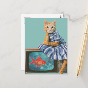 Kat Met Goudvis op TV Retro Collage Briefkaart