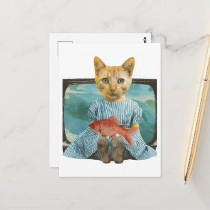 Kat Met Goudvis Op Tv Retro Collage Briefkaart