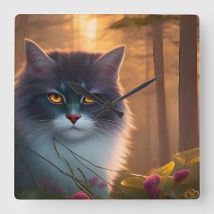 Kat met grijs en witte vloeispaat, Fantasy Vierkante Klok