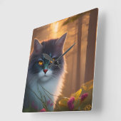 Kat met grijs en witte vloeispaat, Fantasy Vierkante Klok (Hoek)