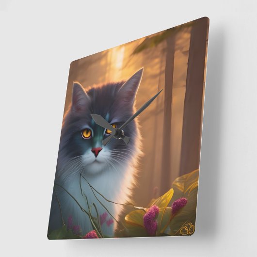Kat met grijs en witte vloeispaat, Fantasy Vierkante Klok (Hoek)
