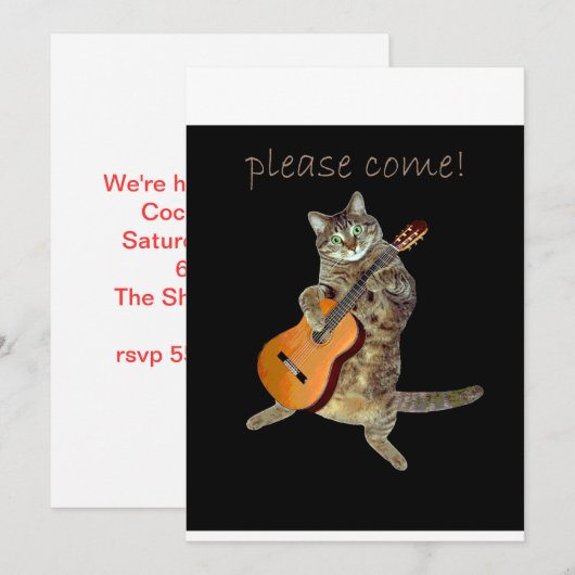 Kat met Guitar-uitnodiging Kaart (Voorkant / Achterkant)