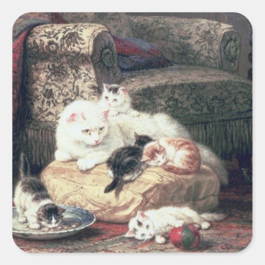 Kat met haar Kittens op een kussen Vierkante Sticker (Voorkant)