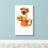 Kat met hamburger voor keukendecoratie canvas afdruk (Insitu (Houten vloer))