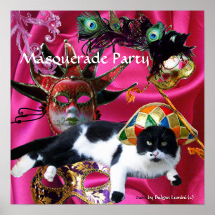 KAT MET HARLEKIJNEN HOED EN MASKERBAL MASKERS POSTER