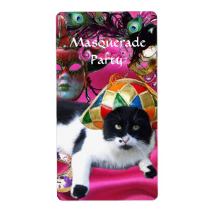 KAT MET HARLEQUIN PET EN MASKERADE PARTIJMASKERS ETIKET