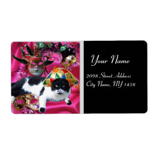 KAT MET HARLEQUIN PET EN MASKERADE PARTIJMASKERS ETIKET